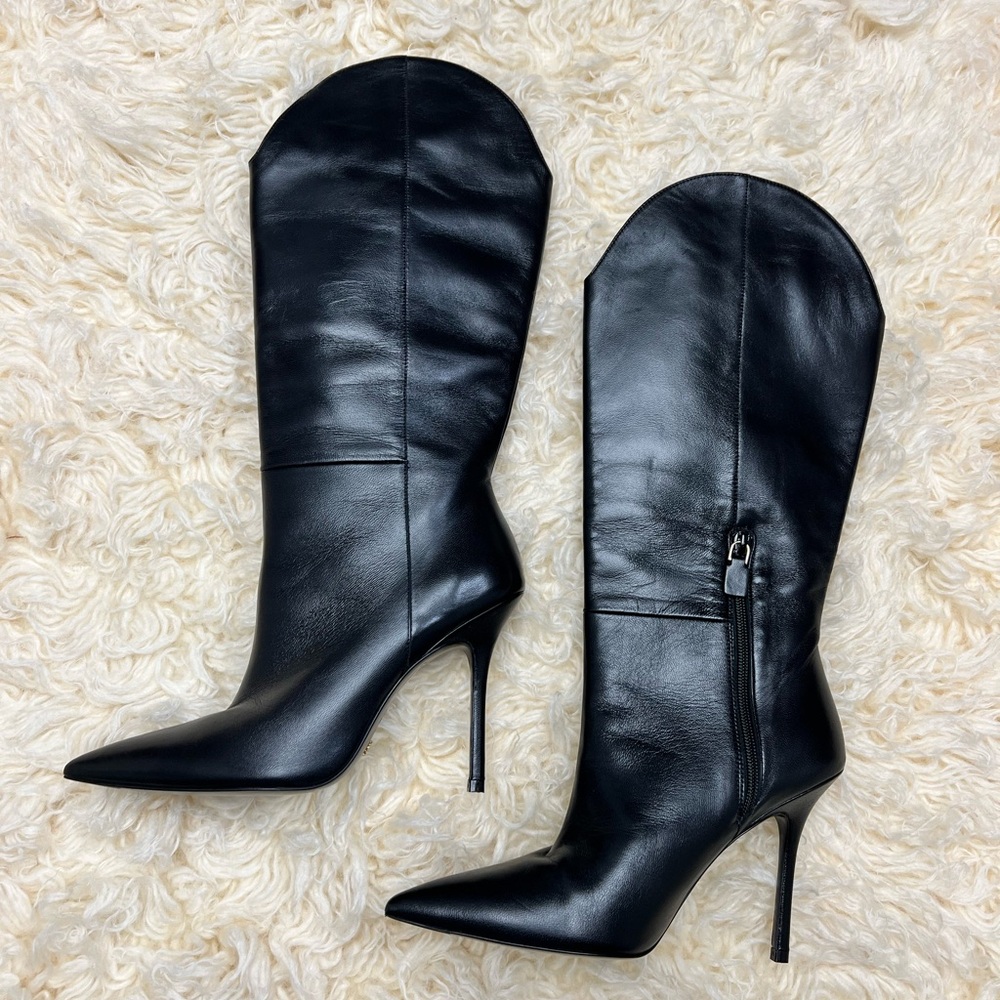 Stuart Weitzman Black Leather Over-the-Knee Pointed Toe Stiletto Boots - Picture 3 of 14